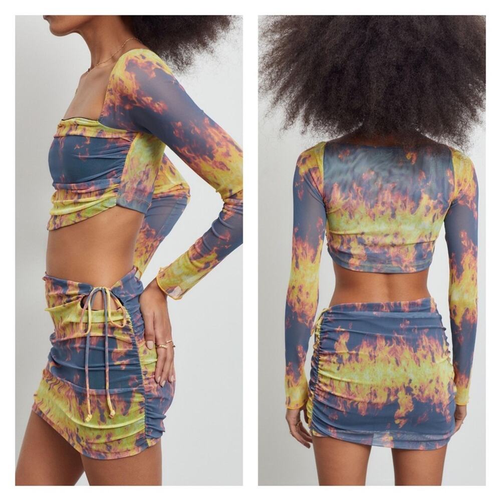 NEW Urban‎ Outfitters Casey Cut Out Mesh Fire Crop Top & Skirt Set XL